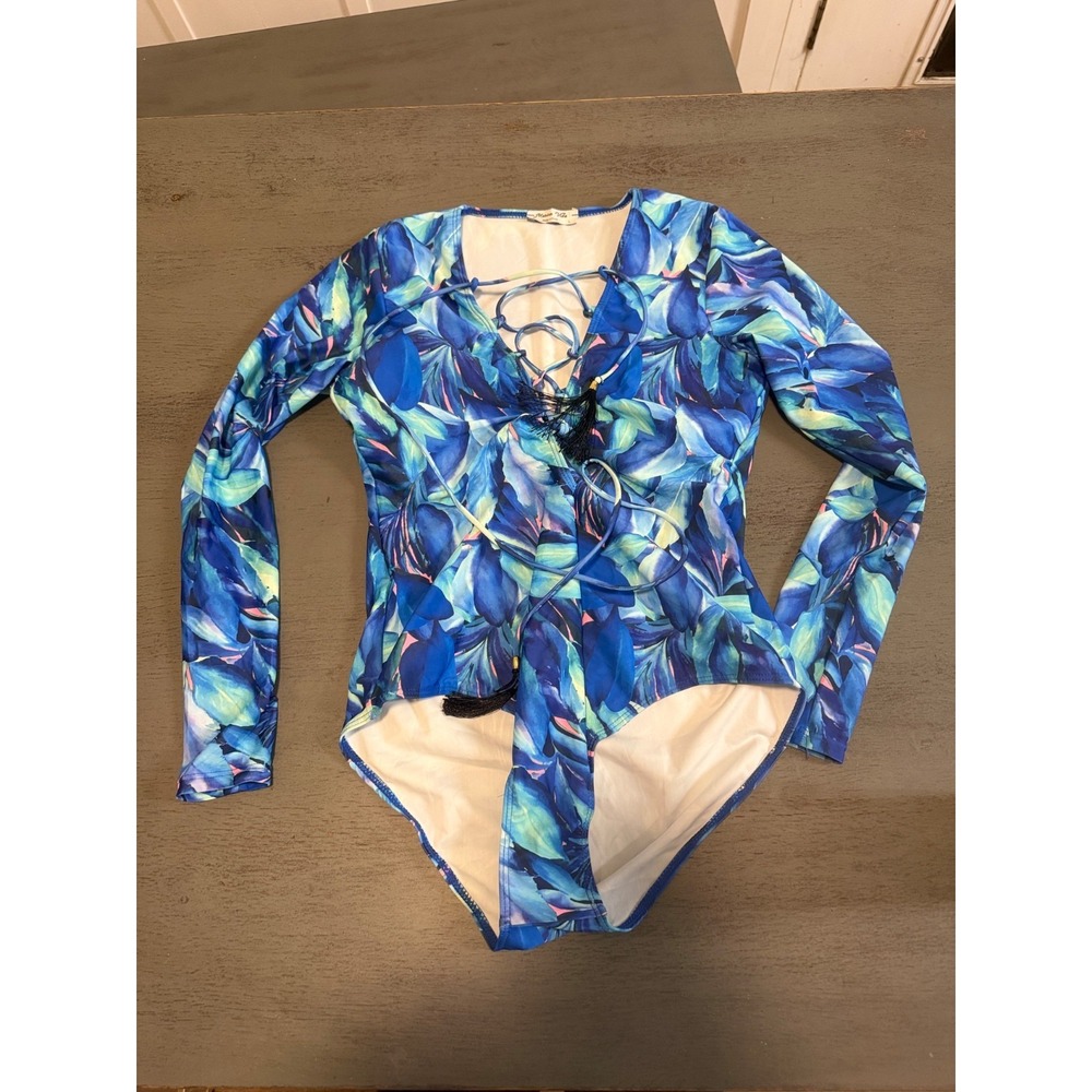 Long Sleeve One-Piece Swimsuit in Blue Leaf Print